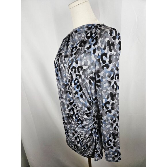 Clara Sun Woo Blue Gray Leopard Print Draped Neck, Side Ruched Knit Top Large - Picture 3 of 10